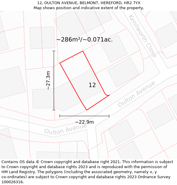 12, OULTON AVENUE, BELMONT, HEREFORD, HR2 7YX: Plot and title map