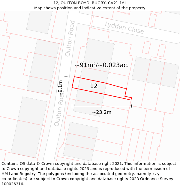 12, OULTON ROAD, RUGBY, CV21 1AL: Plot and title map