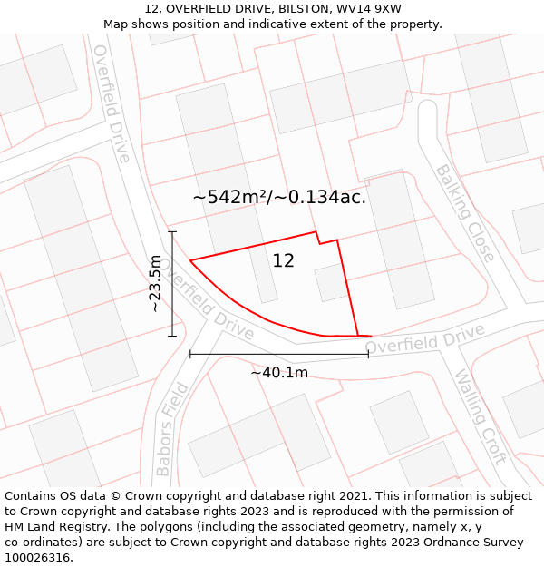 12, OVERFIELD DRIVE, BILSTON, WV14 9XW: Plot and title map