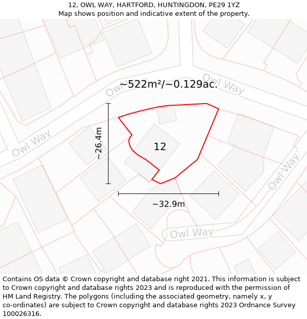 12, OWL WAY, HARTFORD, HUNTINGDON, PE29 1YZ: Plot and title map