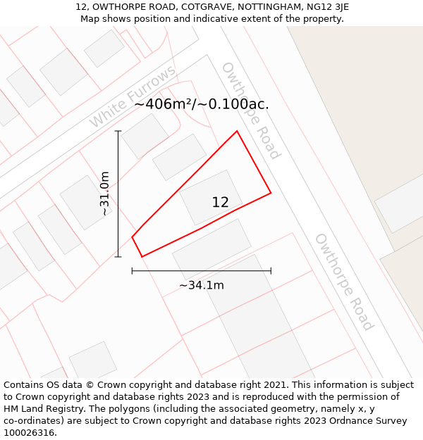 12, OWTHORPE ROAD, COTGRAVE, NOTTINGHAM, NG12 3JE: Plot and title map