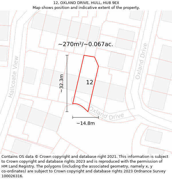 12, OXLAND DRIVE, HULL, HU8 9EX: Plot and title map
