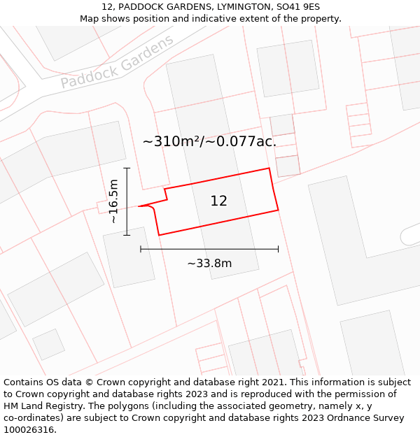 12, PADDOCK GARDENS, LYMINGTON, SO41 9ES: Plot and title map