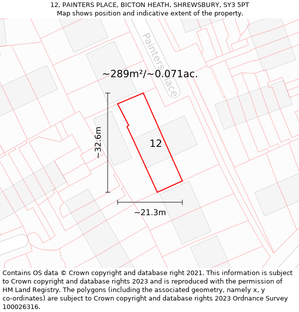 12, PAINTERS PLACE, BICTON HEATH, SHREWSBURY, SY3 5PT: Plot and title map