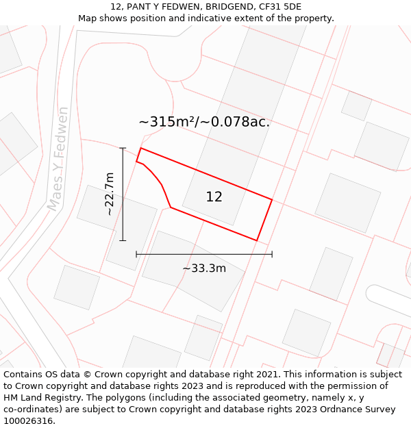 12, PANT Y FEDWEN, BRIDGEND, CF31 5DE: Plot and title map