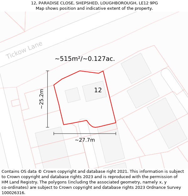 12, PARADISE CLOSE, SHEPSHED, LOUGHBOROUGH, LE12 9PG: Plot and title map