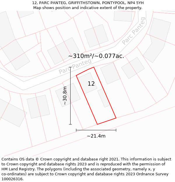 12, PARC PANTEG, GRIFFITHSTOWN, PONTYPOOL, NP4 5YH: Plot and title map