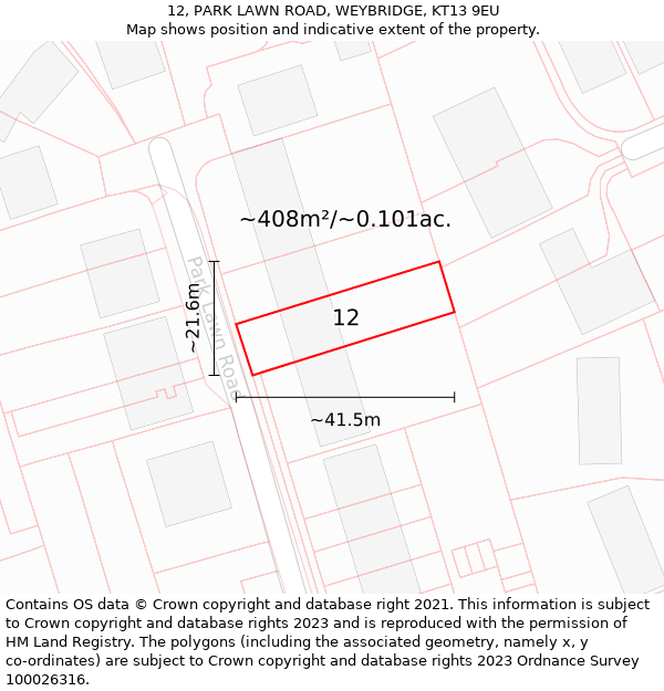 12, PARK LAWN ROAD, WEYBRIDGE, KT13 9EU: Plot and title map