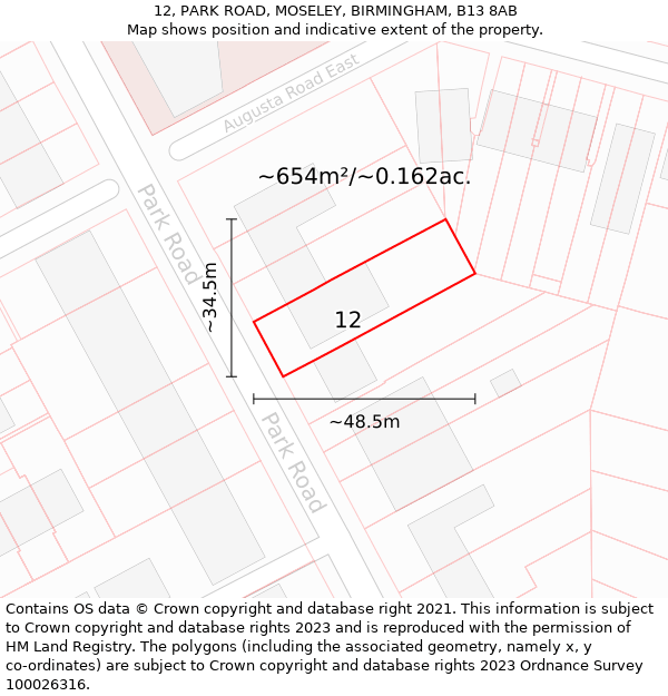 12, PARK ROAD, MOSELEY, BIRMINGHAM, B13 8AB: Plot and title map