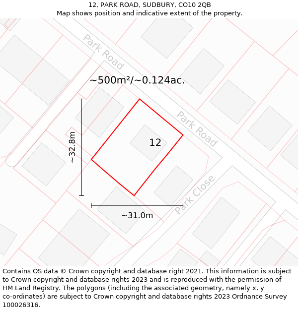 12, PARK ROAD, SUDBURY, CO10 2QB: Plot and title map