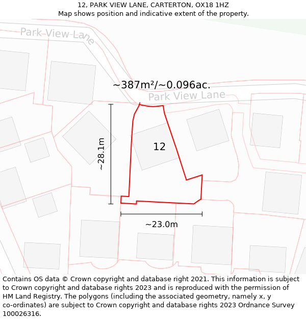 12, PARK VIEW LANE, CARTERTON, OX18 1HZ: Plot and title map