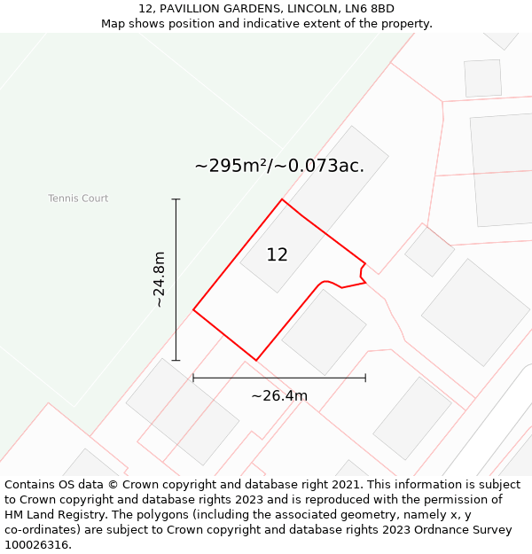 12, PAVILLION GARDENS, LINCOLN, LN6 8BD: Plot and title map