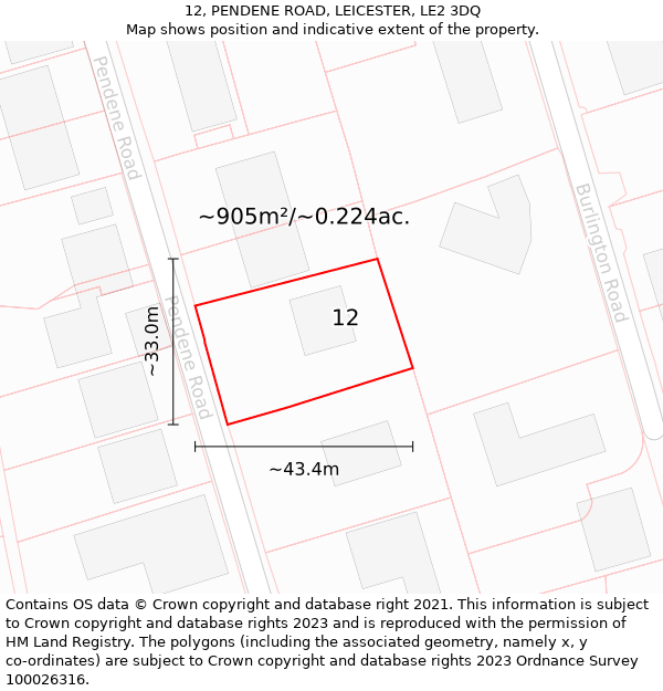 12, PENDENE ROAD, LEICESTER, LE2 3DQ: Plot and title map