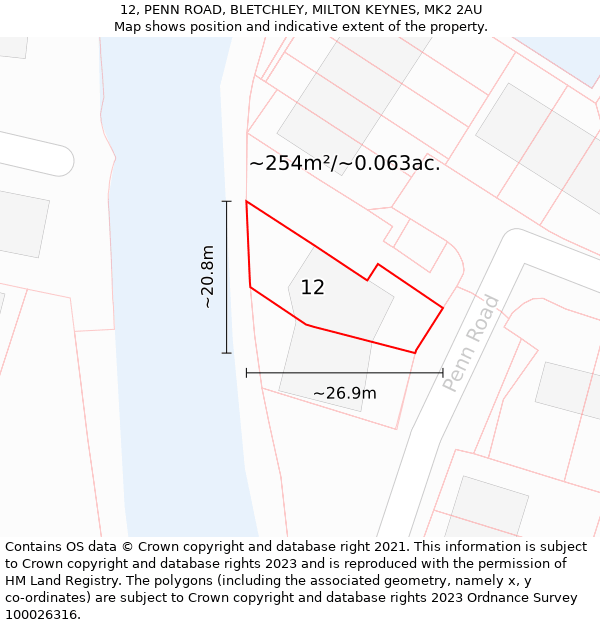 12, PENN ROAD, BLETCHLEY, MILTON KEYNES, MK2 2AU: Plot and title map