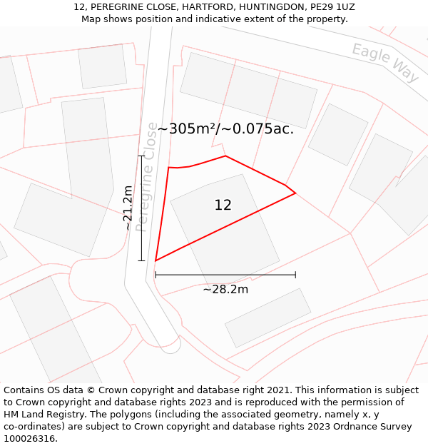 12, PEREGRINE CLOSE, HARTFORD, HUNTINGDON, PE29 1UZ: Plot and title map