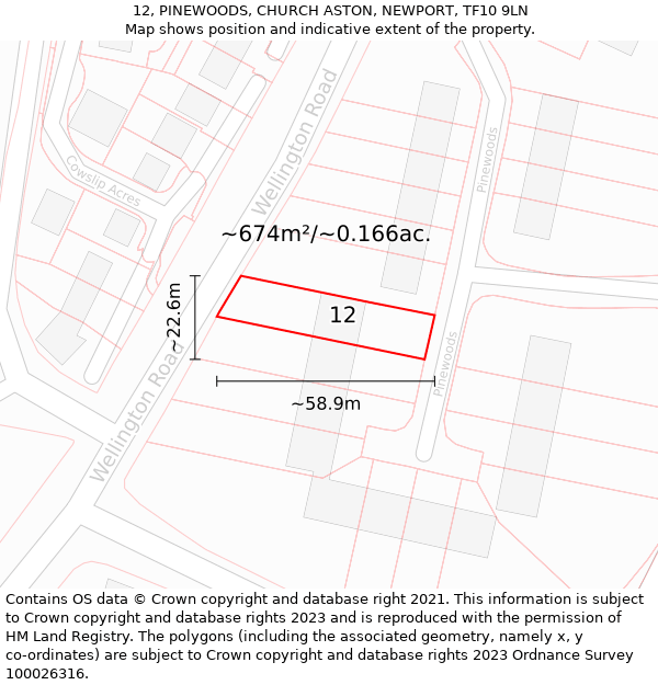 12, PINEWOODS, CHURCH ASTON, NEWPORT, TF10 9LN: Plot and title map