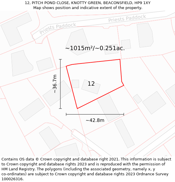 12, PITCH POND CLOSE, KNOTTY GREEN, BEACONSFIELD, HP9 1XY: Plot and title map