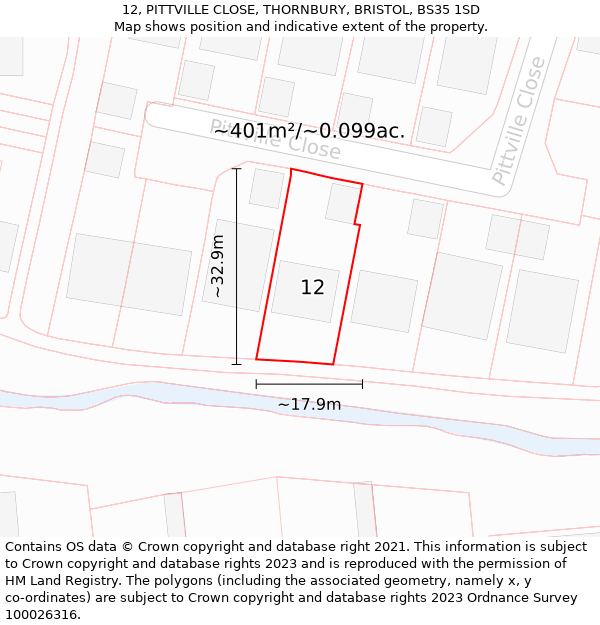 12, PITTVILLE CLOSE, THORNBURY, BRISTOL, BS35 1SD: Plot and title map