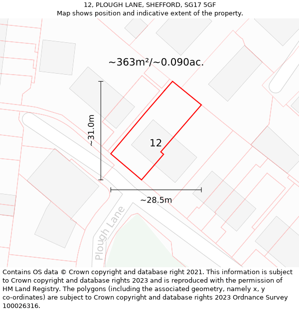 12, PLOUGH LANE, SHEFFORD, SG17 5GF: Plot and title map