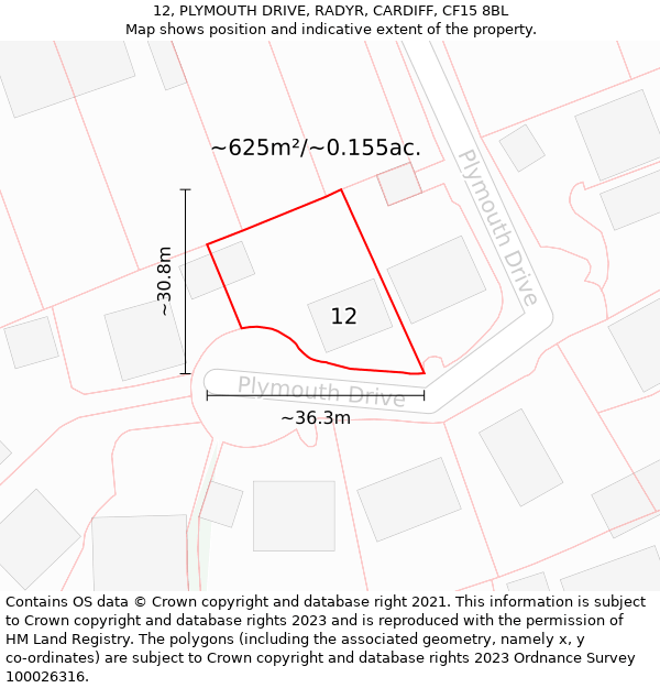 12, PLYMOUTH DRIVE, RADYR, CARDIFF, CF15 8BL: Plot and title map