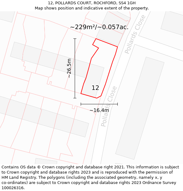 12, POLLARDS COURT, ROCHFORD, SS4 1GH: Plot and title map