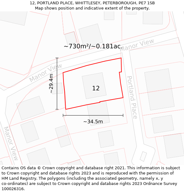 12, PORTLAND PLACE, WHITTLESEY, PETERBOROUGH, PE7 1SB: Plot and title map