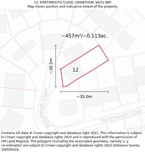 12, PORTSMOUTH CLOSE, GRANTHAM, NG31 8BP: Plot and title map