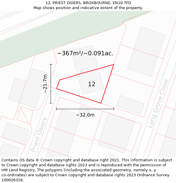 12, PRIEST OSIERS, BROXBOURNE, EN10 7FD: Plot and title map