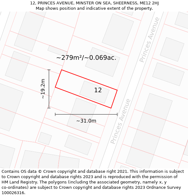 12, PRINCES AVENUE, MINSTER ON SEA, SHEERNESS, ME12 2HJ: Plot and title map