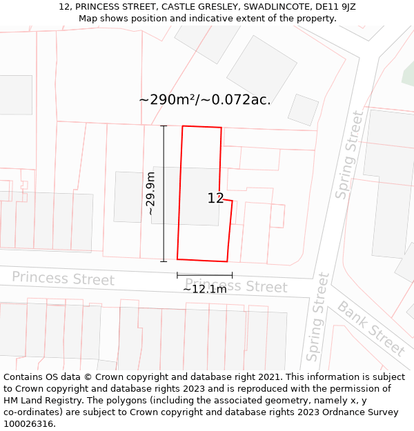 12, PRINCESS STREET, CASTLE GRESLEY, SWADLINCOTE, DE11 9JZ: Plot and title map