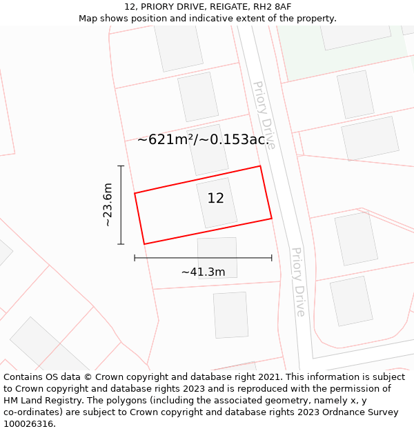 12, PRIORY DRIVE, REIGATE, RH2 8AF: Plot and title map