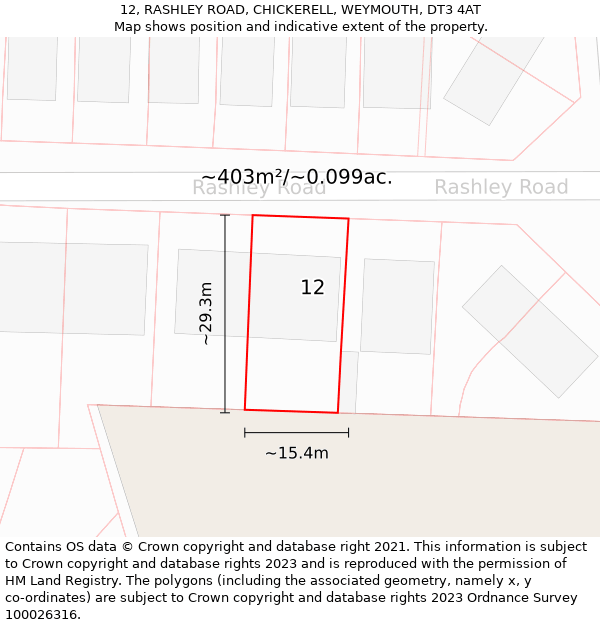 12, RASHLEY ROAD, CHICKERELL, WEYMOUTH, DT3 4AT: Plot and title map