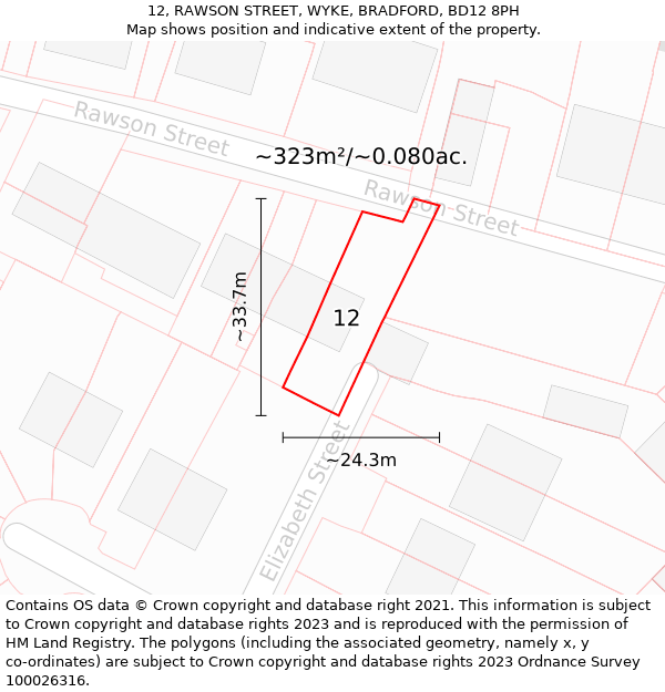 12, RAWSON STREET, WYKE, BRADFORD, BD12 8PH: Plot and title map