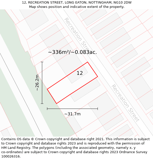 12, RECREATION STREET, LONG EATON, NOTTINGHAM, NG10 2DW: Plot and title map