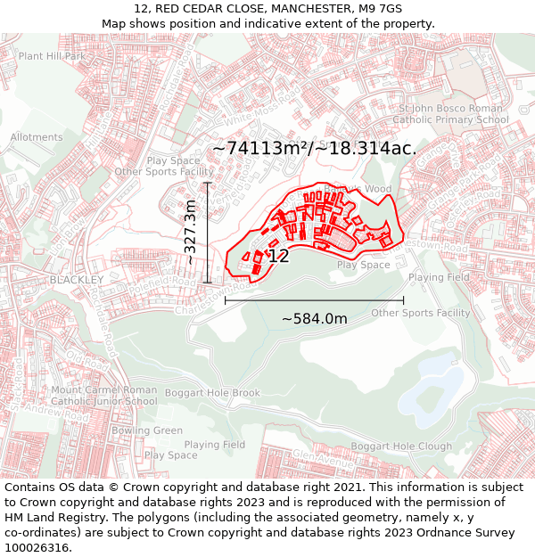 12, RED CEDAR CLOSE, MANCHESTER, M9 7GS: Plot and title map