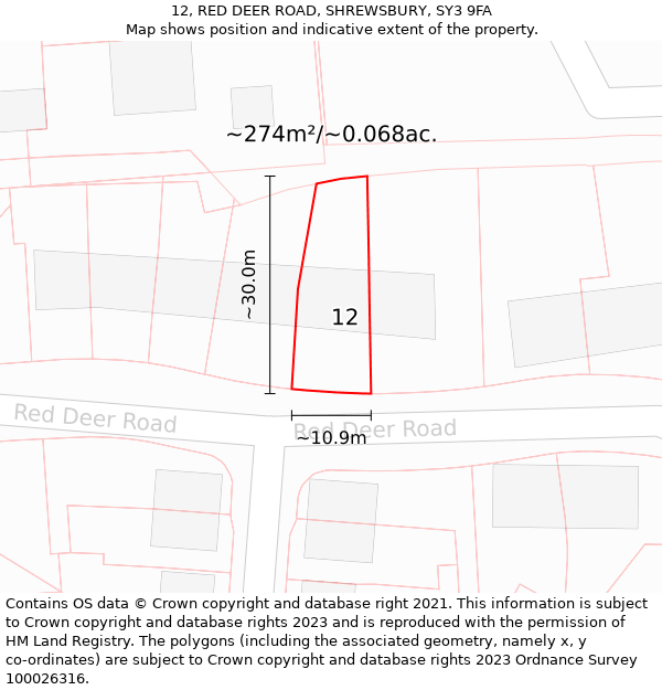 12, RED DEER ROAD, SHREWSBURY, SY3 9FA: Plot and title map