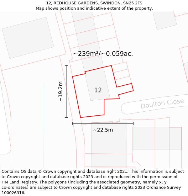 12, REDHOUSE GARDENS, SWINDON, SN25 2FS: Plot and title map