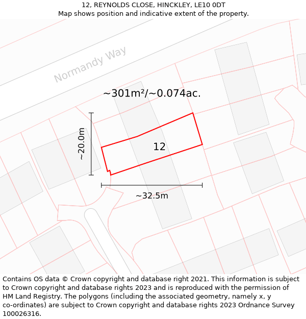 12, REYNOLDS CLOSE, HINCKLEY, LE10 0DT: Plot and title map