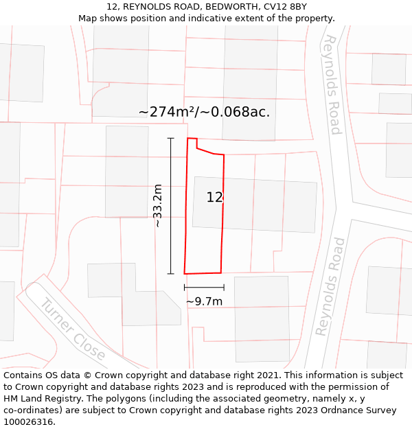 12, REYNOLDS ROAD, BEDWORTH, CV12 8BY: Plot and title map