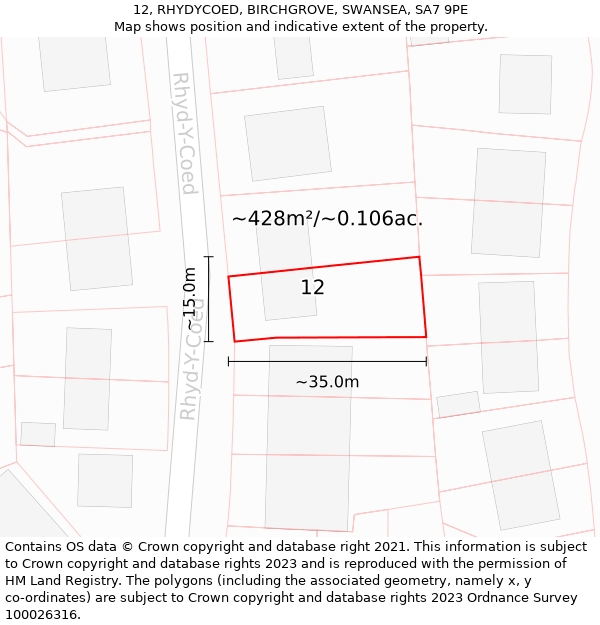 12, RHYDYCOED, BIRCHGROVE, SWANSEA, SA7 9PE: Plot and title map