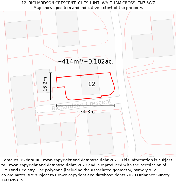 12, RICHARDSON CRESCENT, CHESHUNT, WALTHAM CROSS, EN7 6WZ: Plot and title map