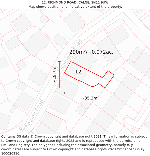 12, RICHMOND ROAD, CALNE, SN11 9UW: Plot and title map