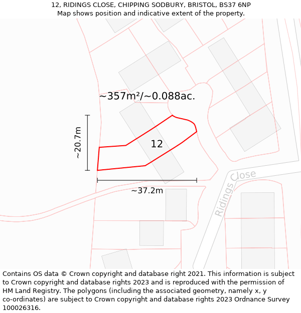 12, RIDINGS CLOSE, CHIPPING SODBURY, BRISTOL, BS37 6NP: Plot and title map