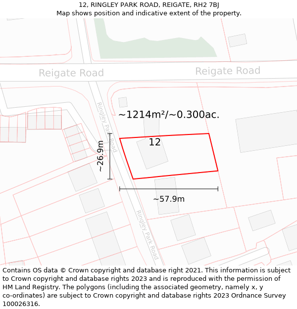 12, RINGLEY PARK ROAD, REIGATE, RH2 7BJ: Plot and title map