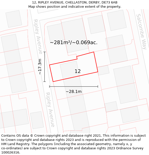 12, RIPLEY AVENUE, CHELLASTON, DERBY, DE73 6AB: Plot and title map