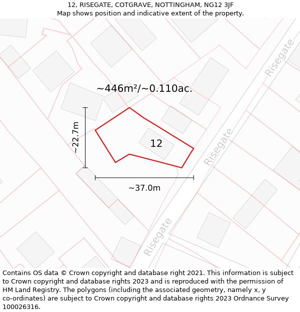 12, RISEGATE, COTGRAVE, NOTTINGHAM, NG12 3JF: Plot and title map