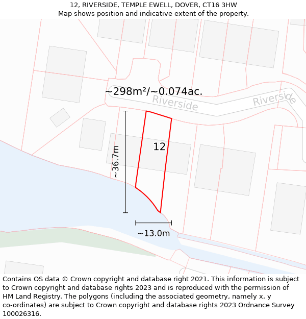 12, RIVERSIDE, TEMPLE EWELL, DOVER, CT16 3HW: Plot and title map