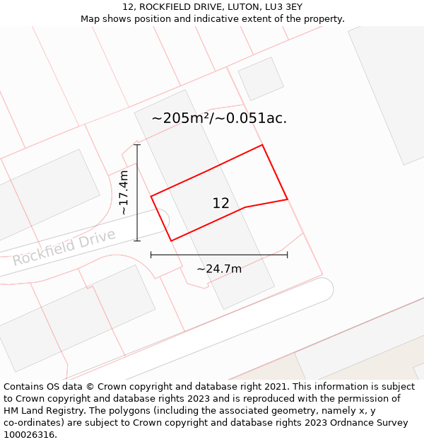 12, ROCKFIELD DRIVE, LUTON, LU3 3EY: Plot and title map