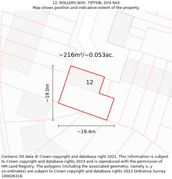 12, ROLLERS WAY, TIPTON, DY4 9AX: Plot and title map