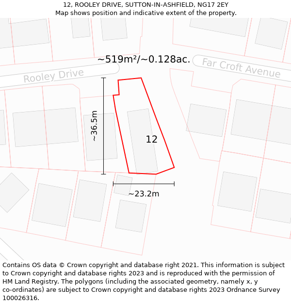 12, ROOLEY DRIVE, SUTTON-IN-ASHFIELD, NG17 2EY: Plot and title map